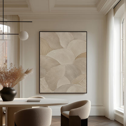 Sweeping layered petal curves in cream tones, canvas print shown in a sunlit, contemporary room