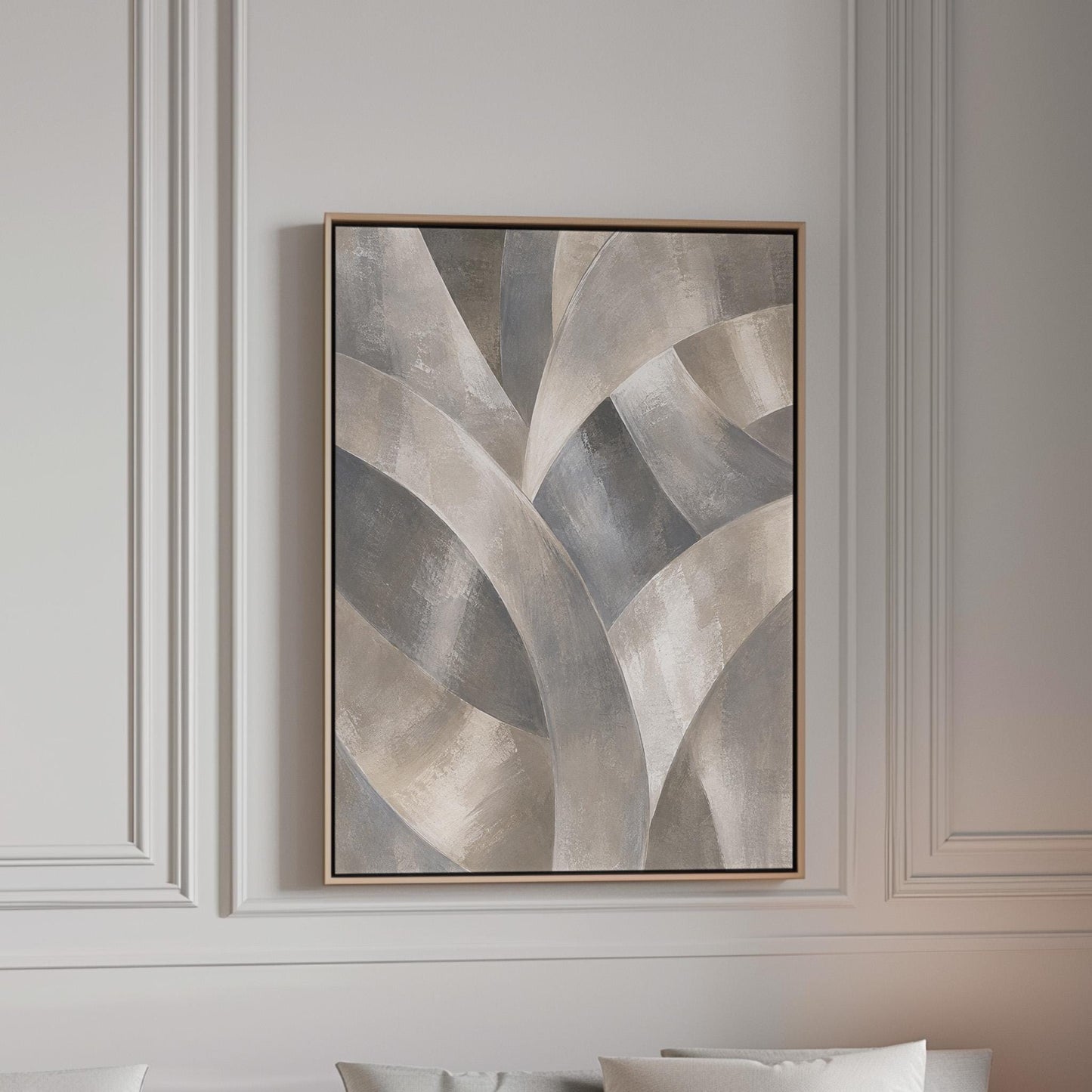 Crossing curved silver bands in graceful motion, canvas print in a bright room with natural daylight