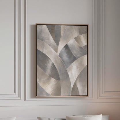 Crossing curved silver bands in graceful motion, canvas print in a bright room with natural daylight