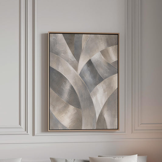 Crossing curved silver bands in graceful motion, canvas print in a bright room with natural daylight