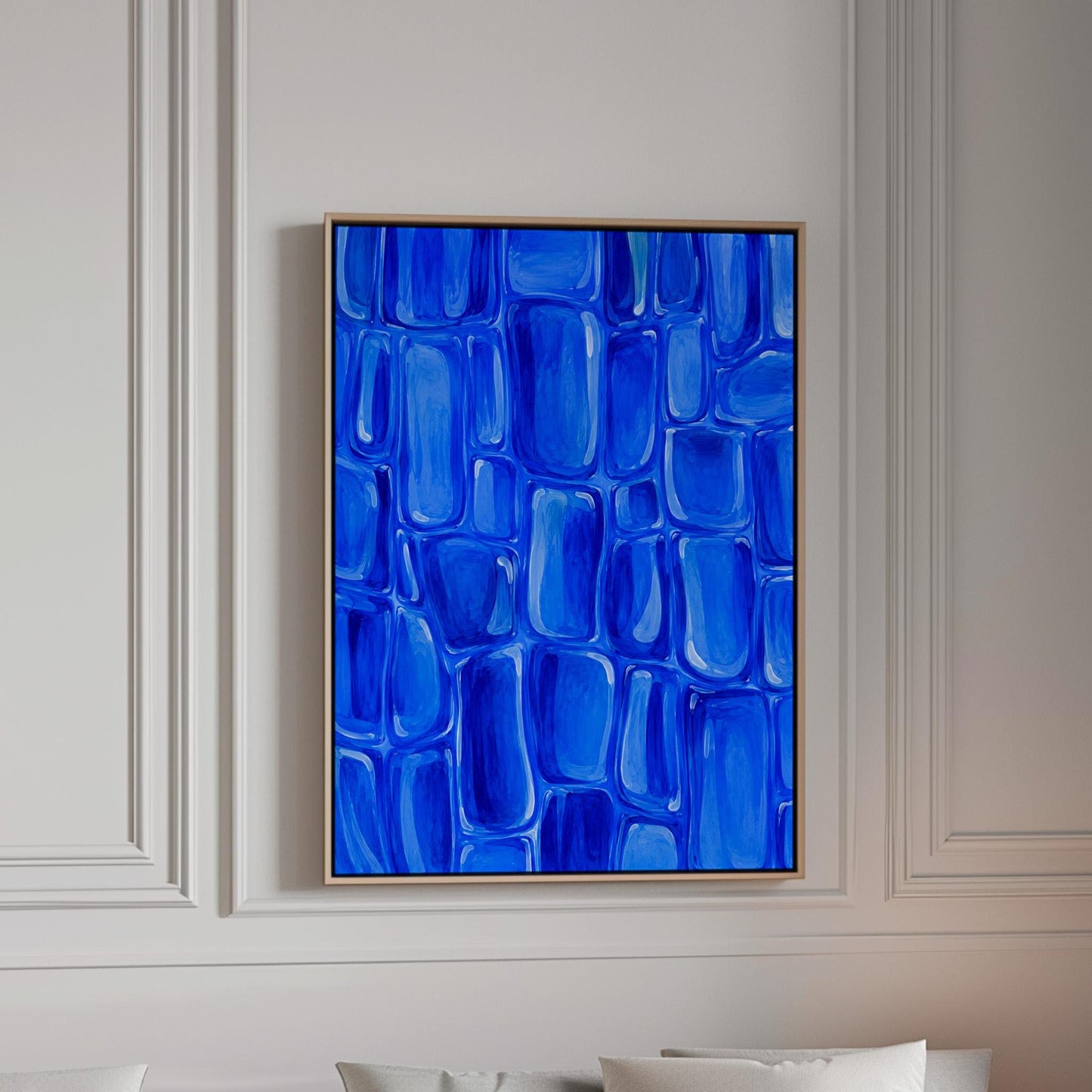 Bold cobalt brush stroke blocks in painterly rows, canvas print in a bright room with natural daylight