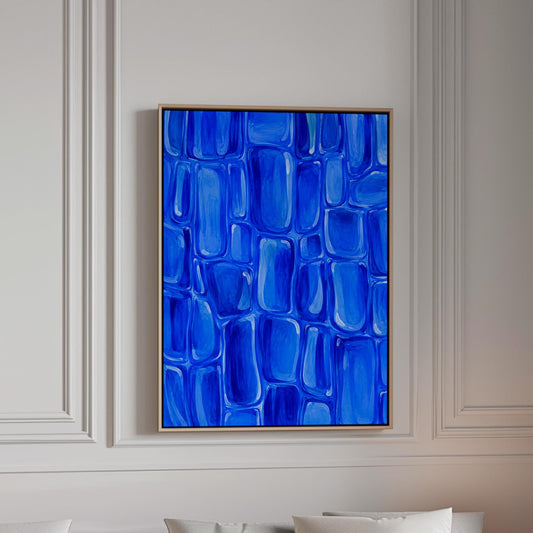Bold cobalt brush stroke blocks in painterly rows, canvas print in a bright room with natural daylight