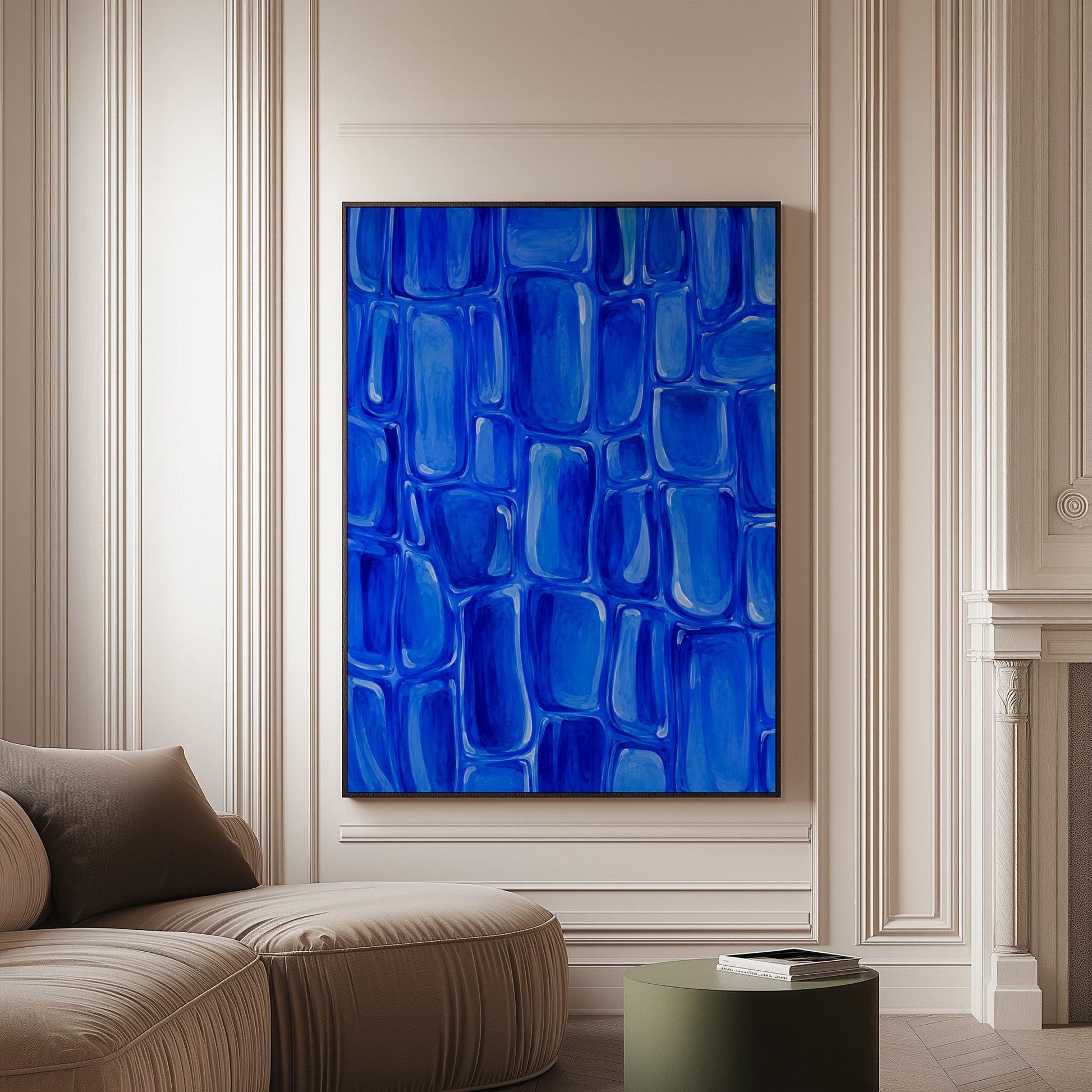 Bold cobalt brush stroke blocks in painterly rows, canvas print on a softly lit wall in a calm interior