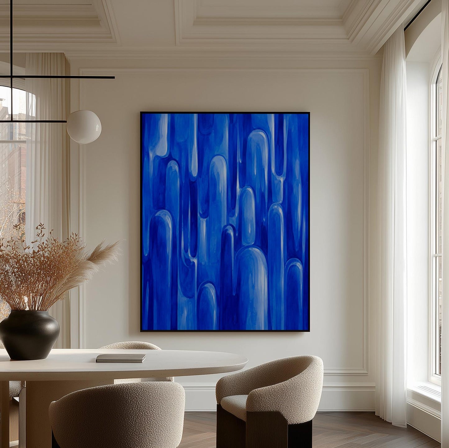 Vertical cobalt streaks like flowing rain, canvas print shown to scale in a furnished room