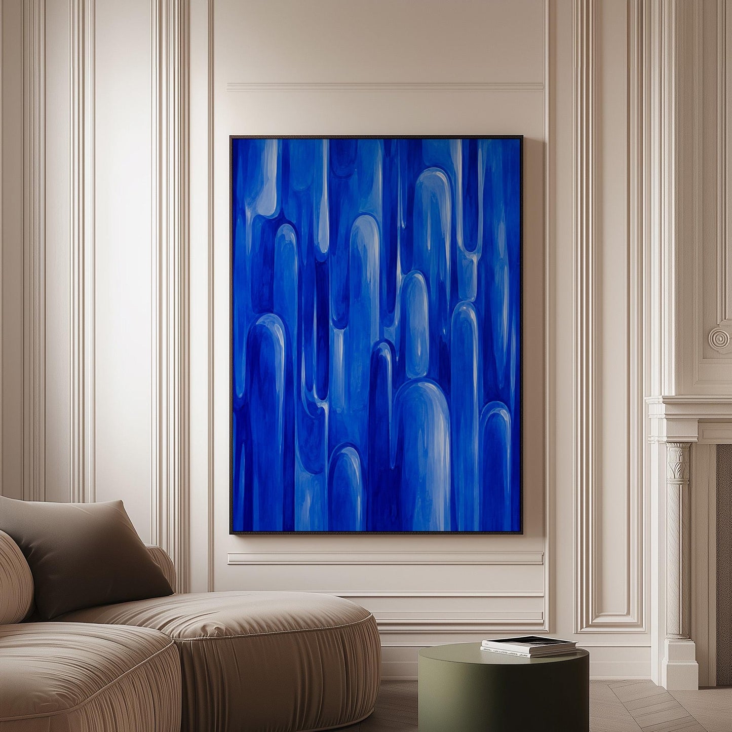 Vertical cobalt streaks like flowing rain, canvas print on a softly lit wall in a calm interior