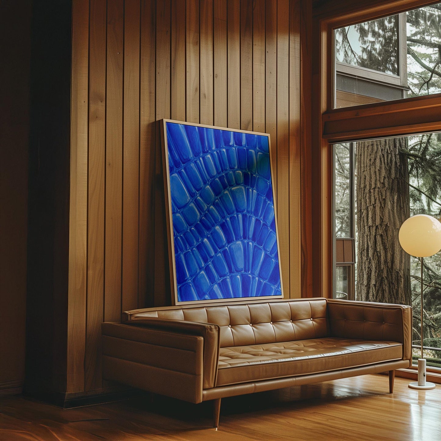 Fan arcs of cobalt mosaic pebbles, canvas print seen in a warm interior with natural light