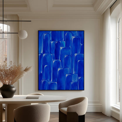 Rounded arch tile shapes in vivid cobalt blue, canvas print seen in a warm interior with natural light