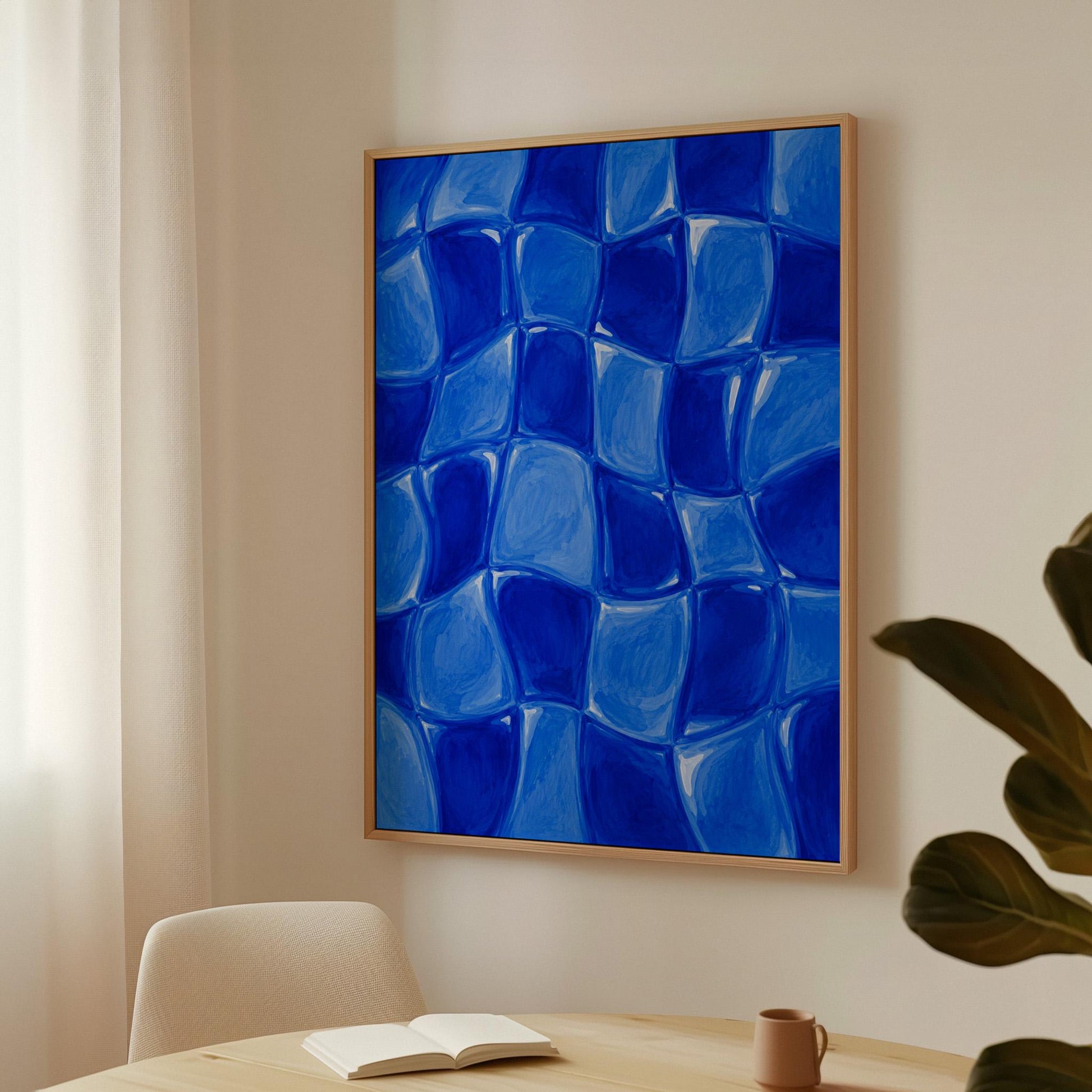 Wavy checkered squares in deep cobalt blue, canvas print hanging in a calm, modern living space