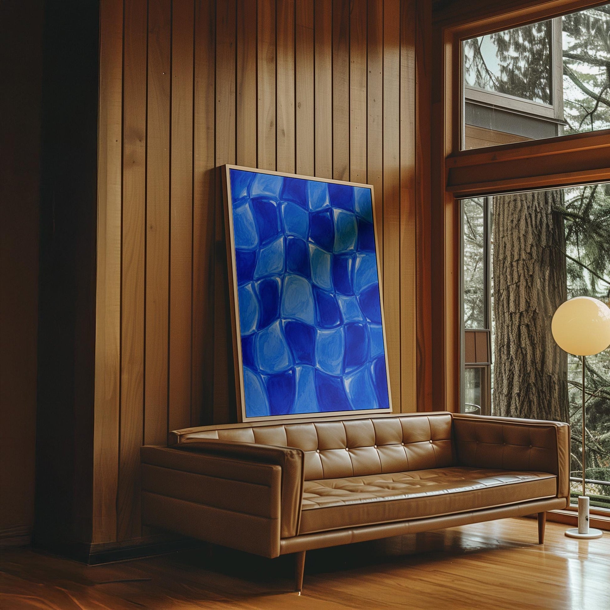 Wavy checkered squares in deep cobalt blue, canvas print styled against a soft white wall