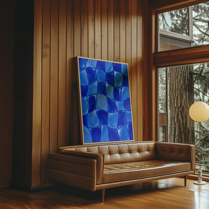 Wavy checkered squares in deep cobalt blue, canvas print styled against a soft white wall