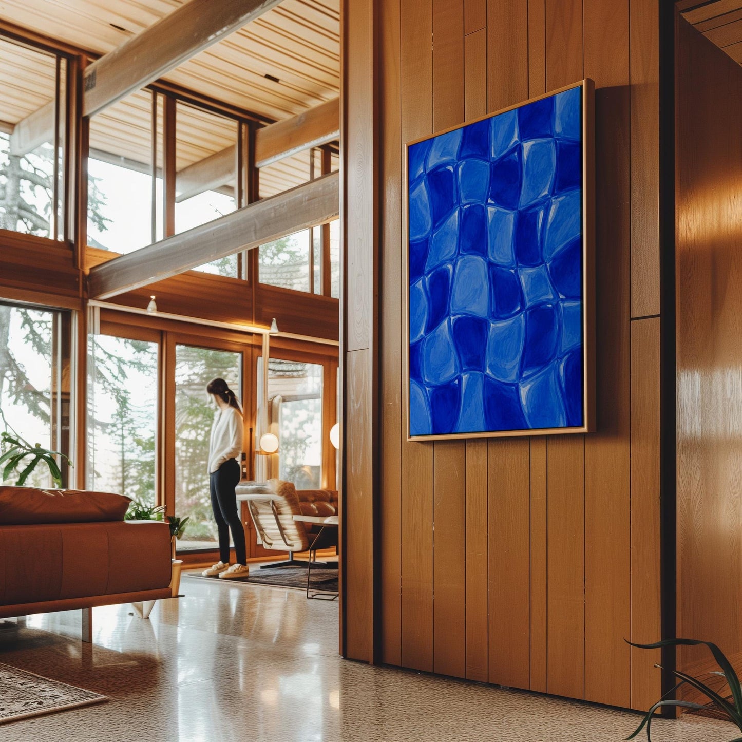 Wavy checkered squares in deep cobalt blue, canvas print presented in a light, minimal room