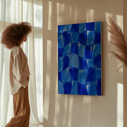 Wavy checkered squares in deep cobalt blue, canvas print on a quiet wall in a considered interior