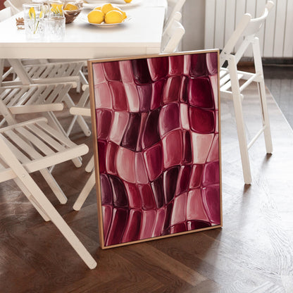 Wavy checkered weave in burgundy and wine tones, canvas print hanging in a calm, modern living space