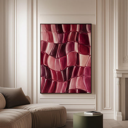 Wavy checkered weave in burgundy and wine tones, canvas print on a softly lit wall in a calm interior