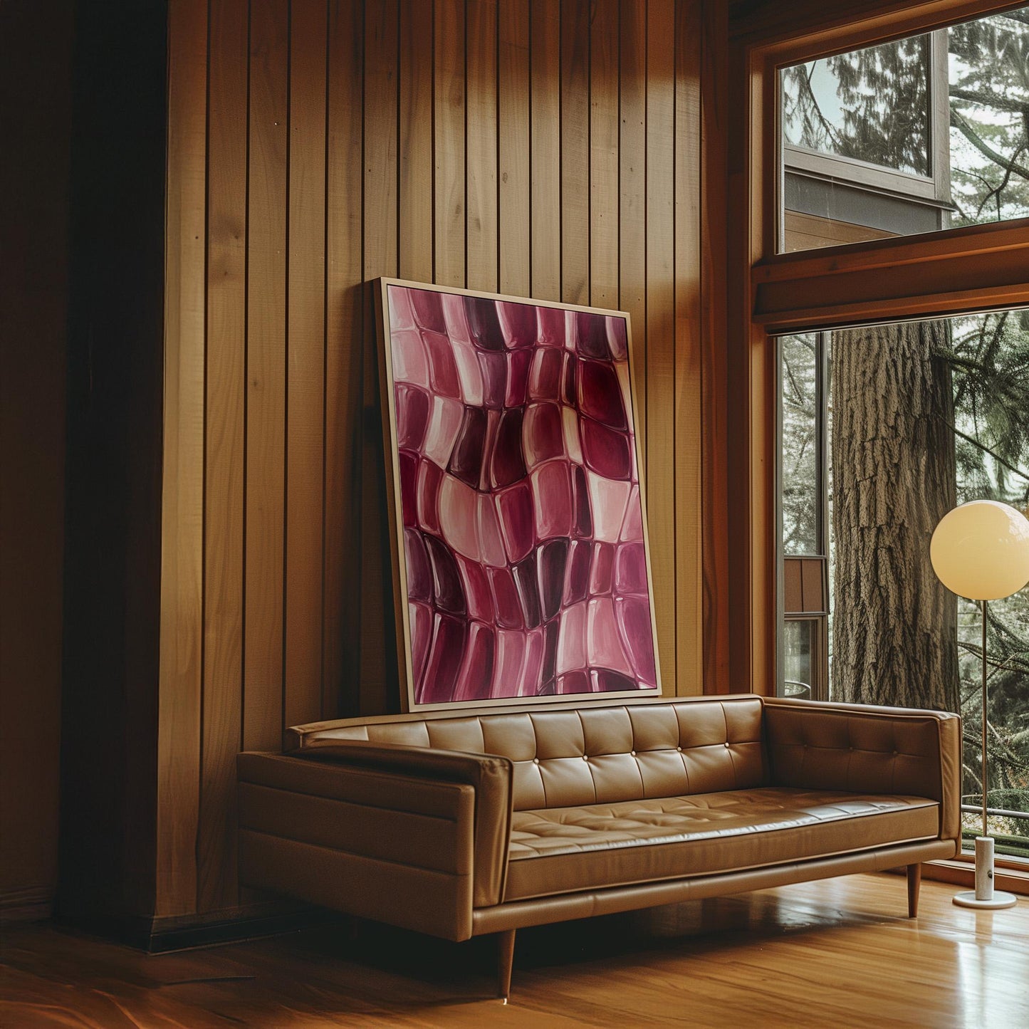 Wavy checkered weave in burgundy and wine tones, canvas print shown in a sunlit, contemporary room