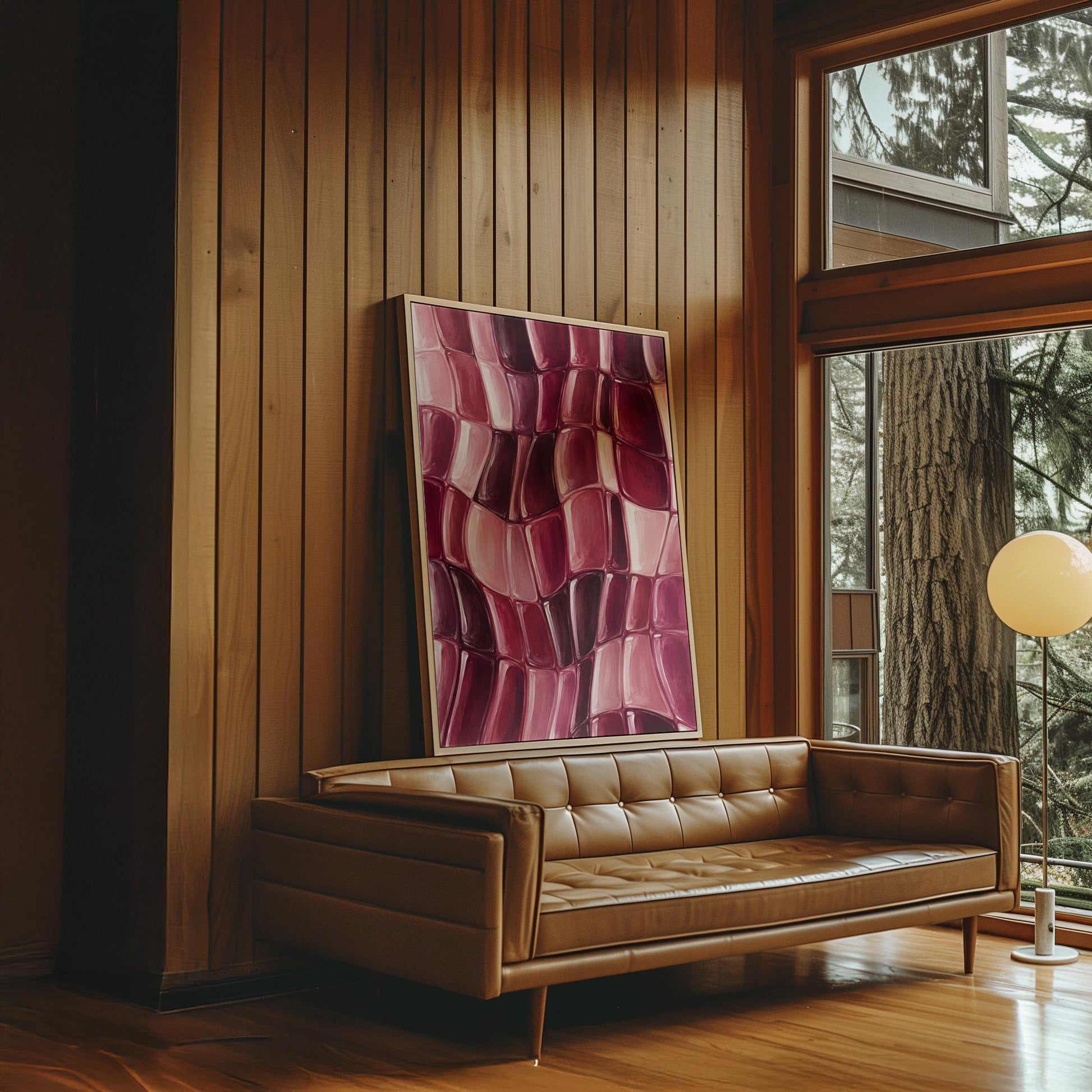 Wavy checkered weave in burgundy and wine tones, canvas print shown in a sunlit, contemporary room