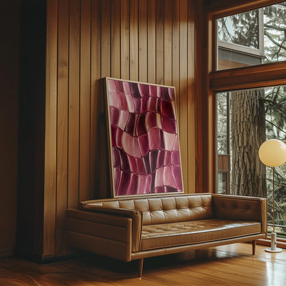 Wavy checkered weave in burgundy and wine tones, canvas print shown in a sunlit, contemporary room
