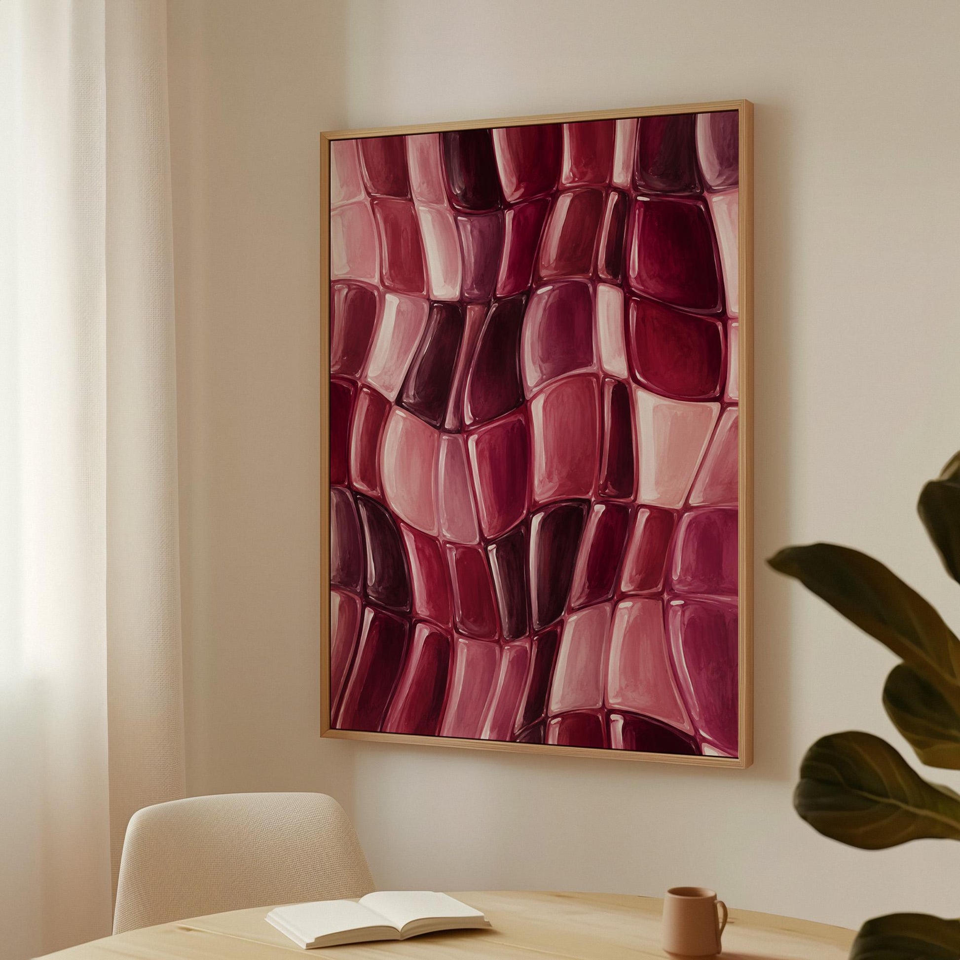 Wavy checkered weave in burgundy and wine tones, canvas wall art presented in a light, minimal room