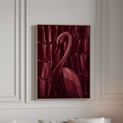 Flamingo silhouette emerging from deep burgundy, canvas print in a bright room with natural daylight