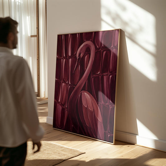 Flamingo silhouette emerging from deep burgundy, canvas print hanging in a calm, modern living space