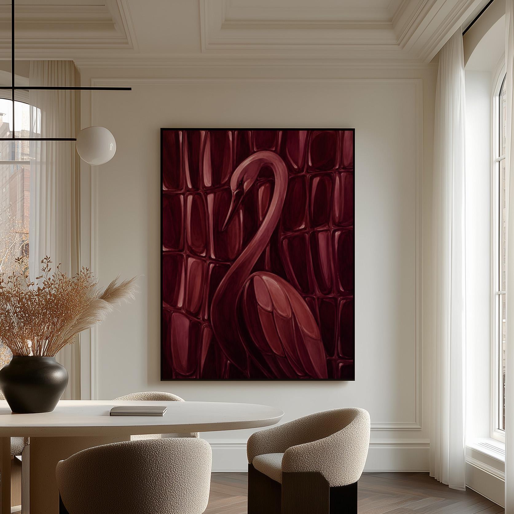 Flamingo silhouette emerging from deep burgundy, canvas print seen in a warm interior with natural light