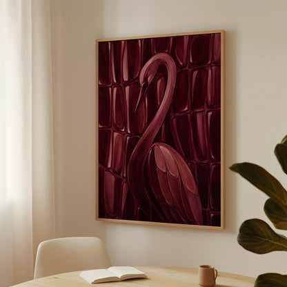 Flamingo silhouette emerging from deep burgundy, canvas print displayed on a neutral wall in a styled interior