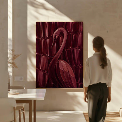 Flamingo silhouette emerging from deep burgundy, canvas print shown in a sunlit, contemporary room
