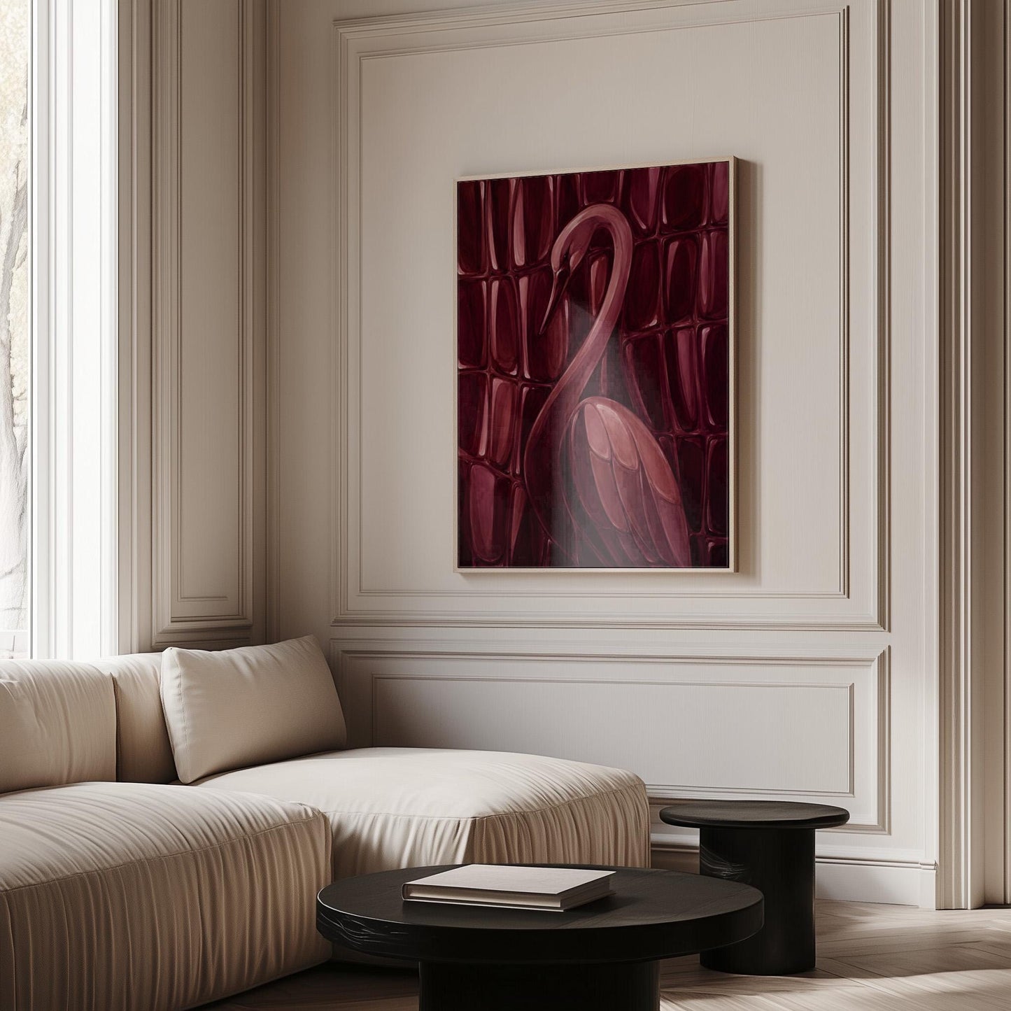Flamingo silhouette emerging from deep burgundy, canvas wall art hanging in a calm, modern living space