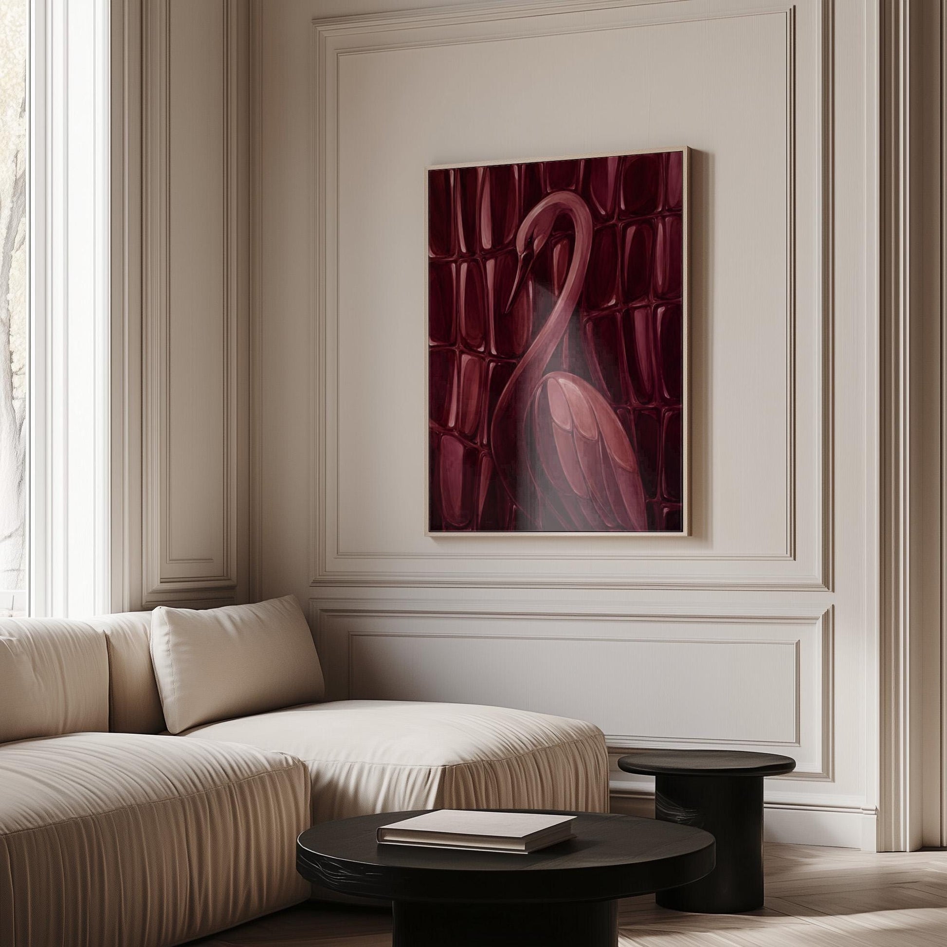 Flamingo silhouette emerging from deep burgundy, canvas wall art hanging in a calm, modern living space
