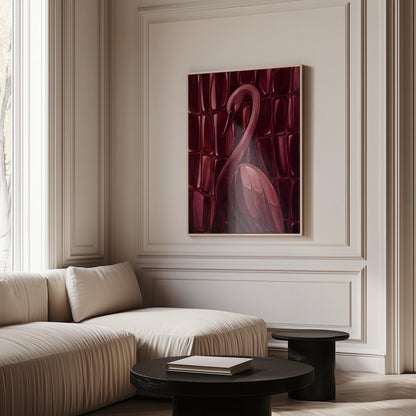 Flamingo silhouette emerging from deep burgundy, canvas wall art hanging in a calm, modern living space