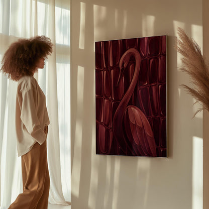 Flamingo silhouette emerging from deep burgundy, canvas wall art seen in a warm interior with natural light