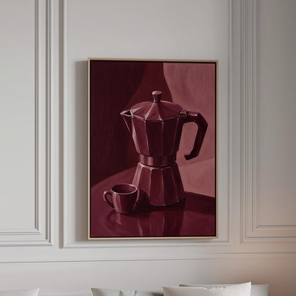 Moka pot and espresso cup still life in burgundy monochrome, canvas print in a bright room with natural daylight