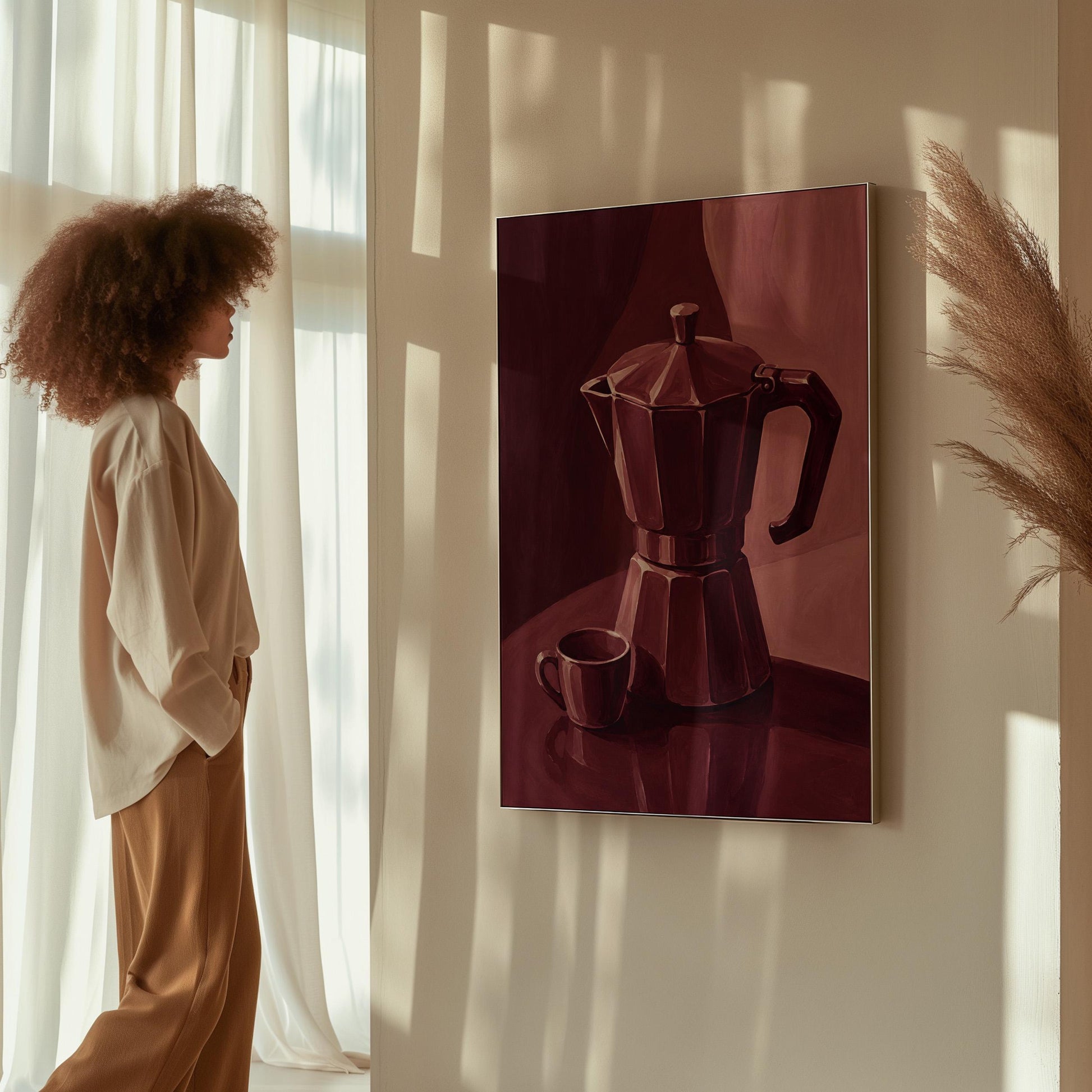 Moka pot and espresso cup still life in burgundy monochrome, canvas print styled against a soft white wall
