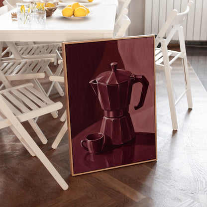 Moka pot and espresso cup still life in burgundy monochrome, canvas print seen in a warm interior with natural light