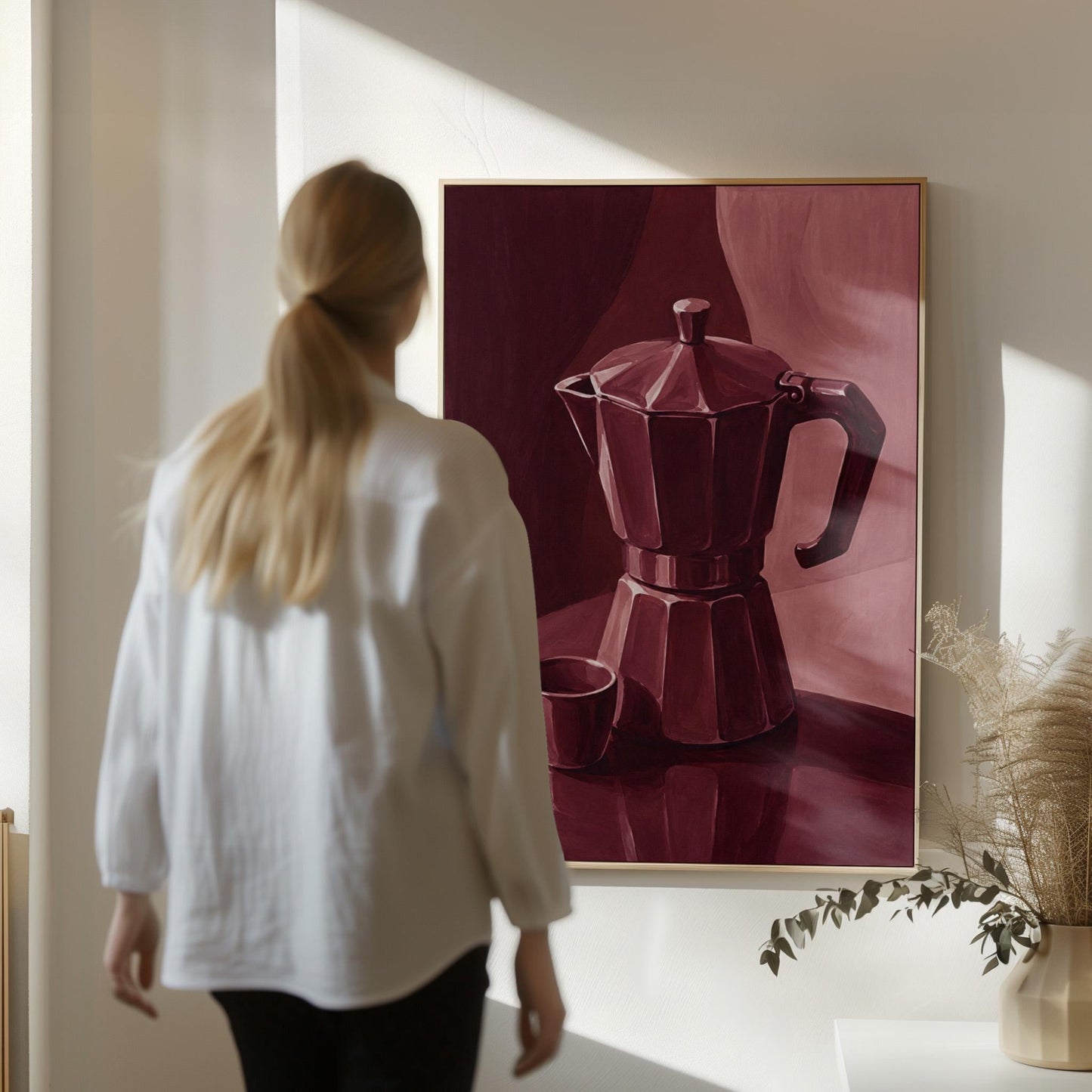 Moka pot and espresso cup still life in burgundy monochrome, canvas print on a quiet wall in a considered interior