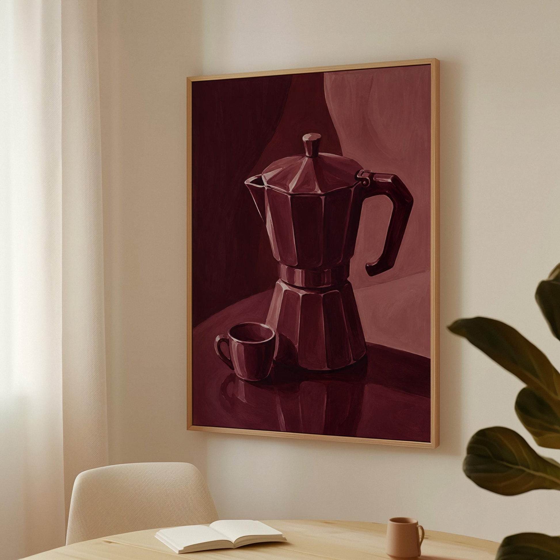 Moka pot and espresso cup still life in burgundy monochrome, canvas print displayed on a neutral wall in a styled interior