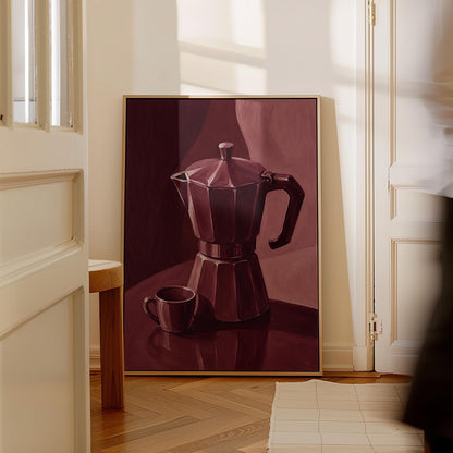 Moka pot and espresso cup still life in burgundy monochrome, canvas print shown in a sunlit, contemporary room