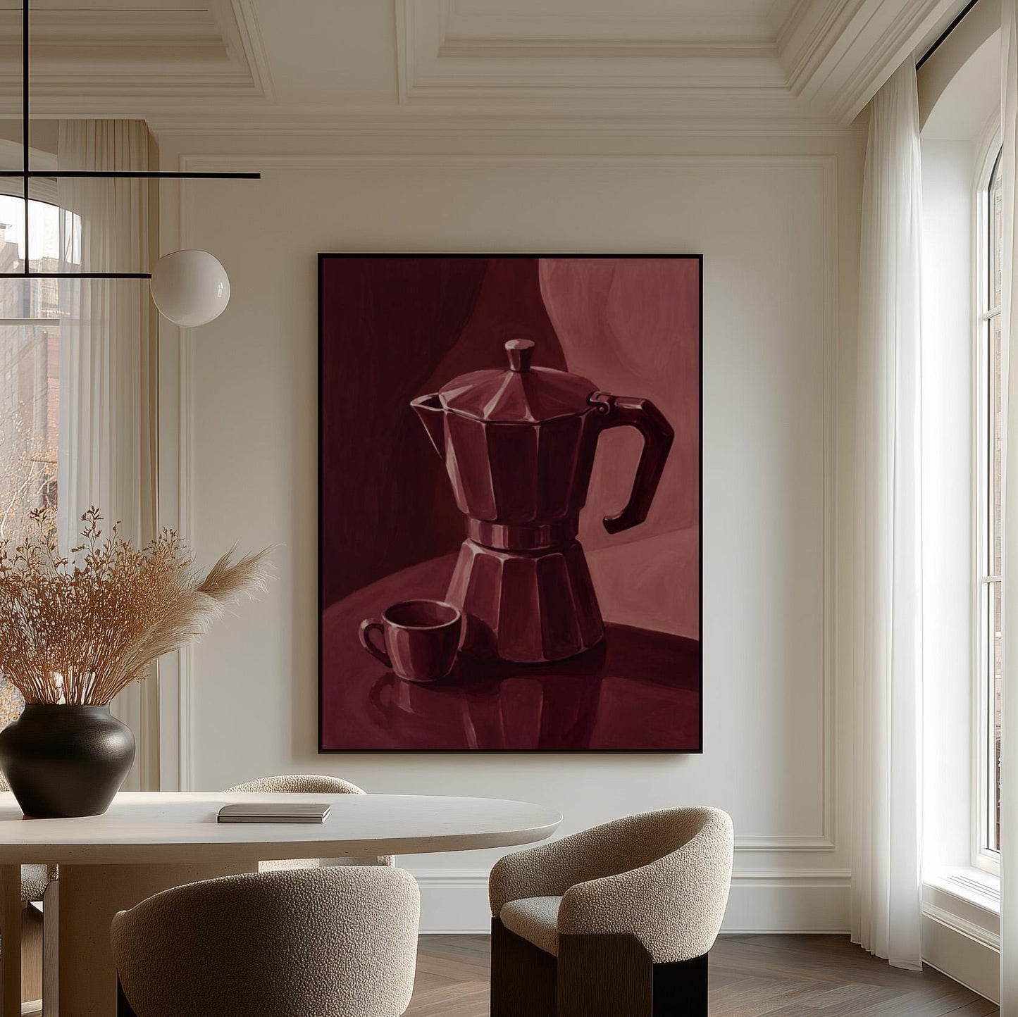 Moka pot and espresso cup still life in burgundy monochrome, canvas wall art presented in a light, minimal room