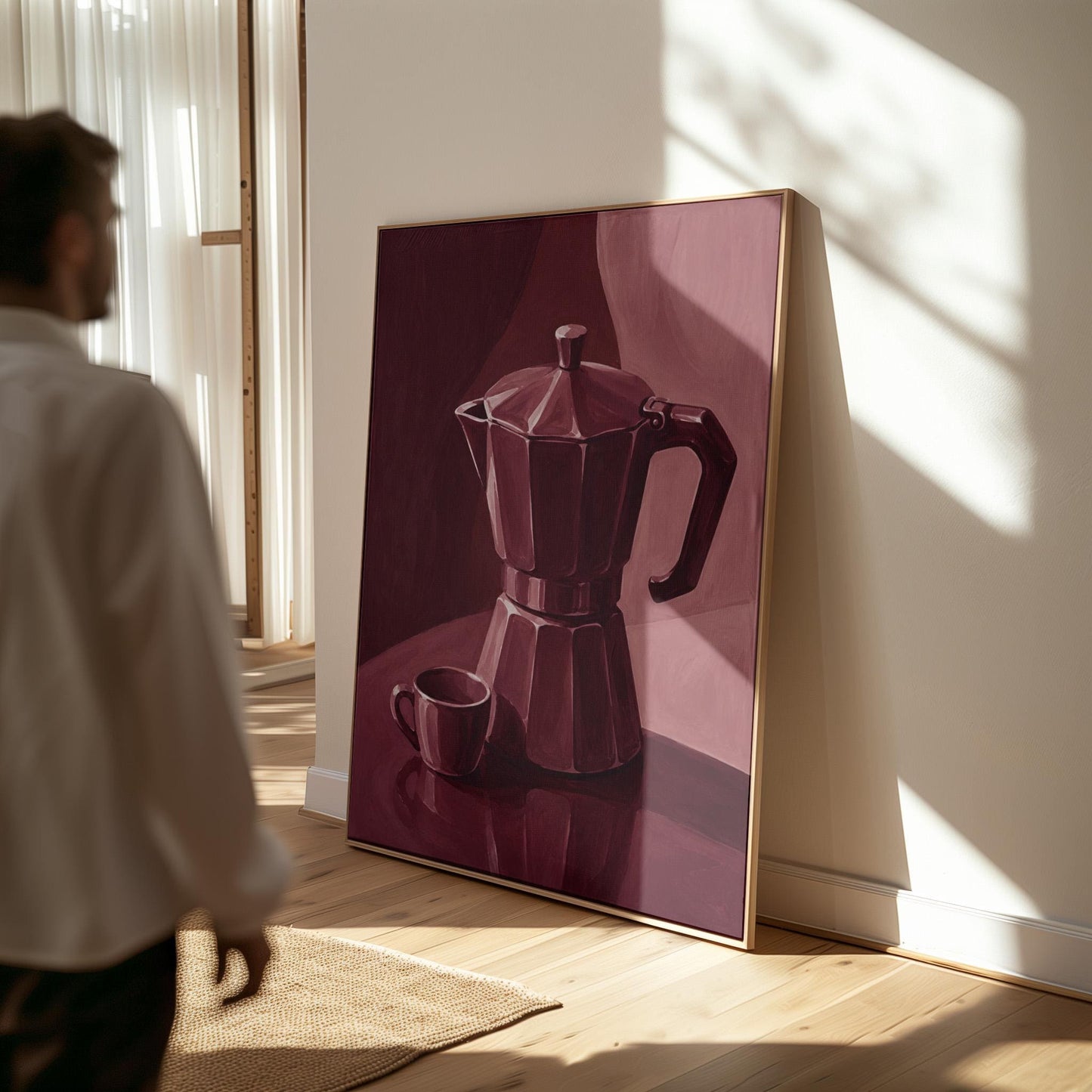 Moka pot and espresso cup still life in burgundy monochrome, canvas wall art on a quiet wall in a considered interior
