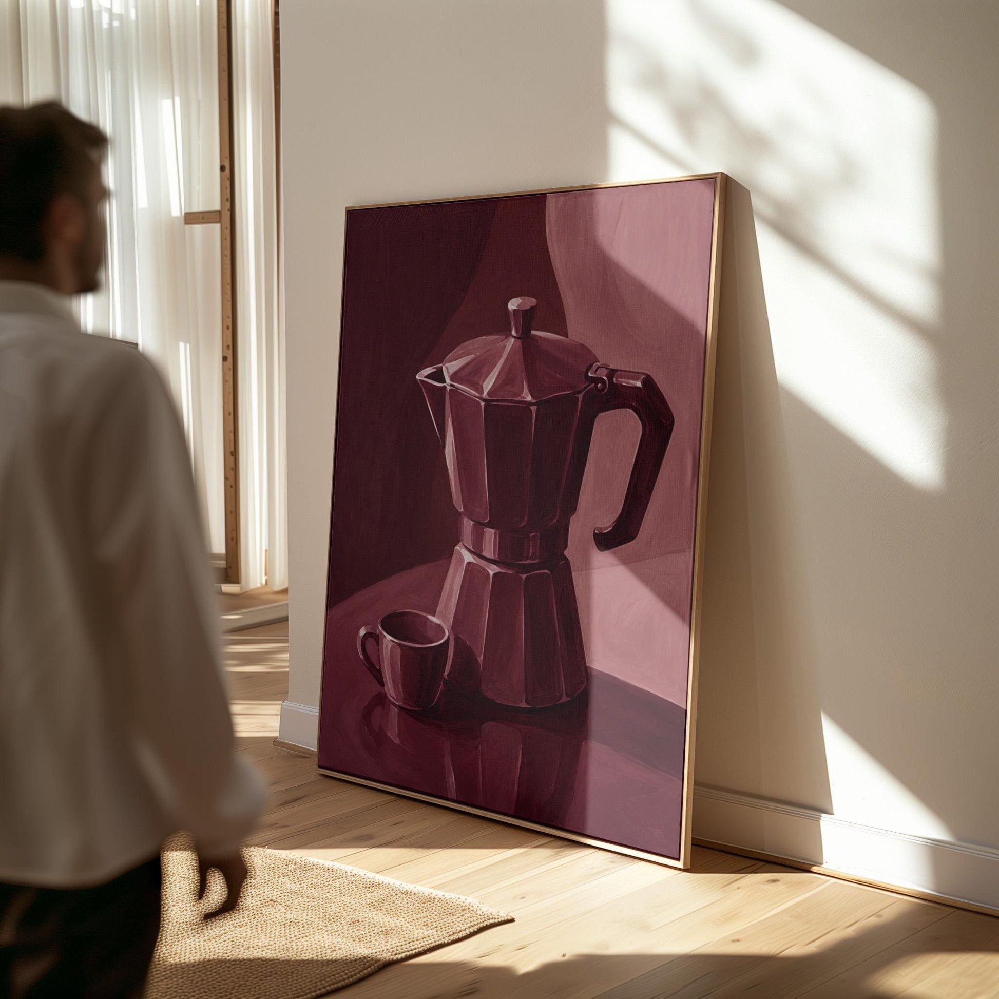 Moka pot and espresso cup still life in burgundy monochrome, canvas wall art on a quiet wall in a considered interior