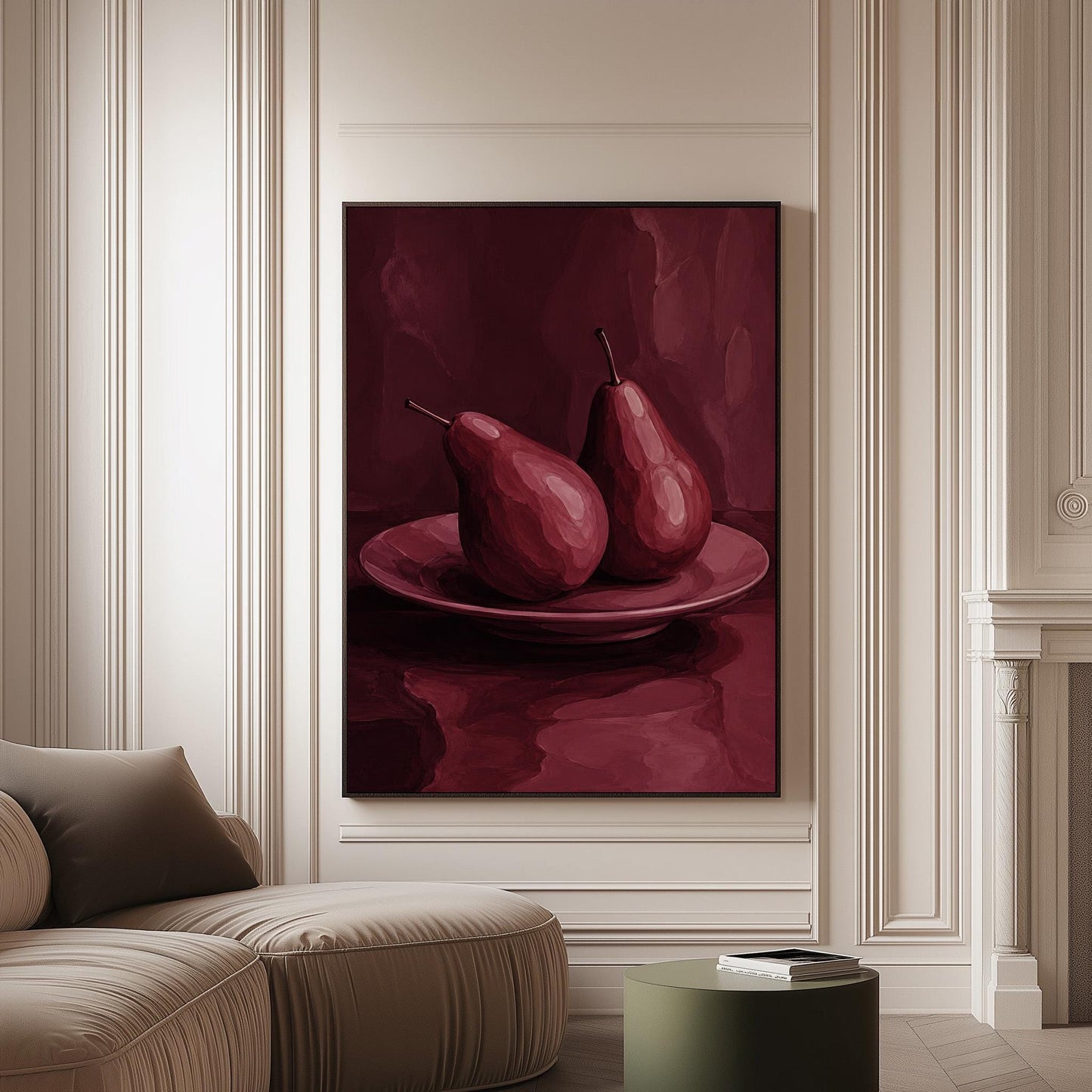 Two pears on a plate painted in burgundy monochrome, canvas print on a softly lit wall in a calm interior