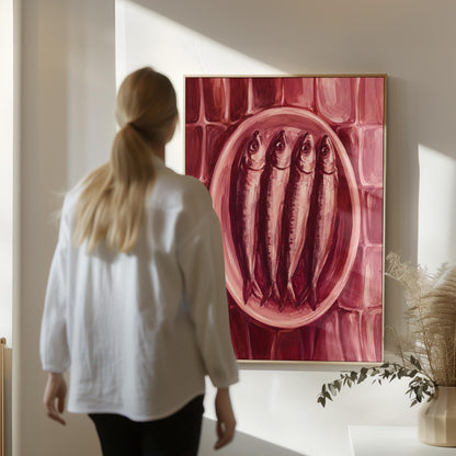 Sardines on oval platter in burgundy monochrome, canvas print seen in a warm interior with natural light