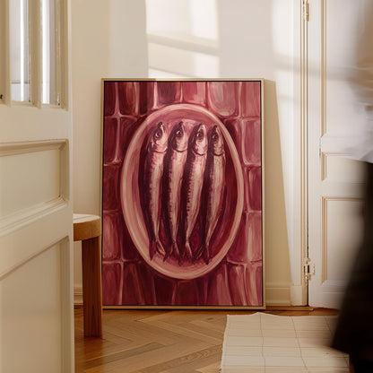 Sardines on oval platter in burgundy monochrome, canvas wall art on a quiet wall in a considered interior