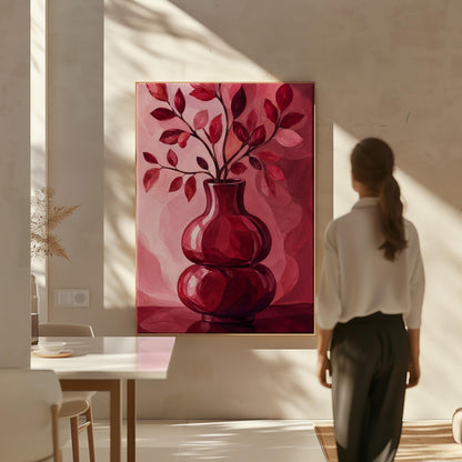 Curvy red vase with leafy branch in burgundy tones, canvas print hanging in a calm, modern living space