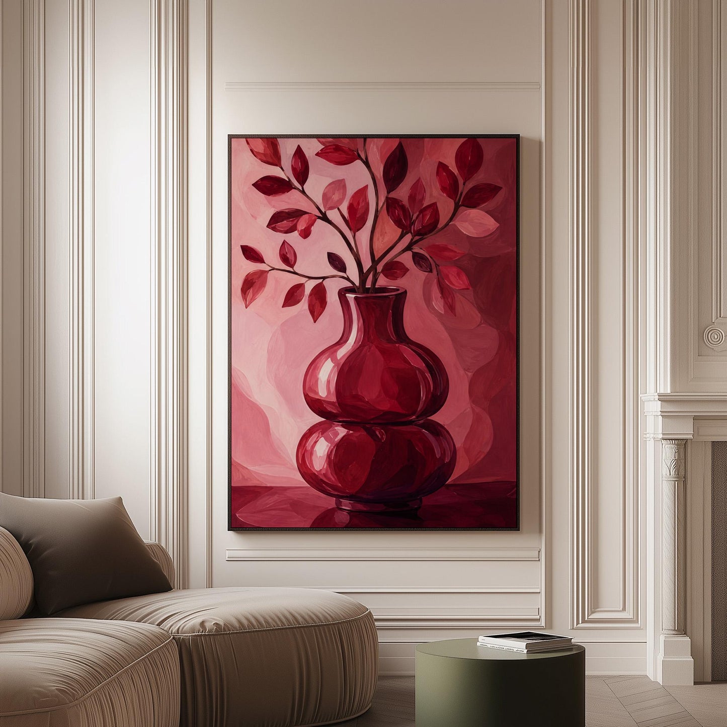Curvy red vase with leafy branch in burgundy tones, canvas print on a softly lit wall in a calm interior