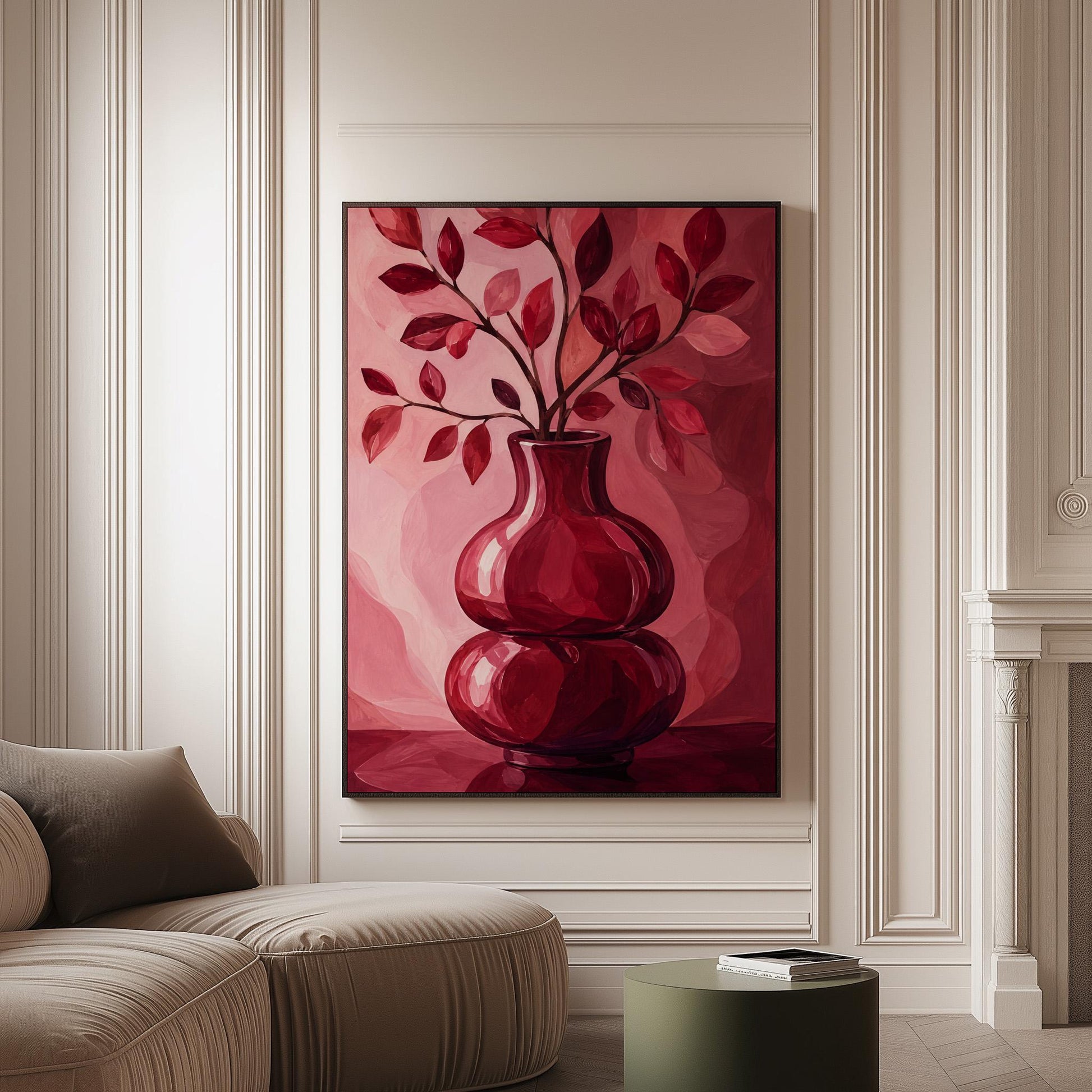 Curvy red vase with leafy branch in burgundy tones, canvas print on a softly lit wall in a calm interior