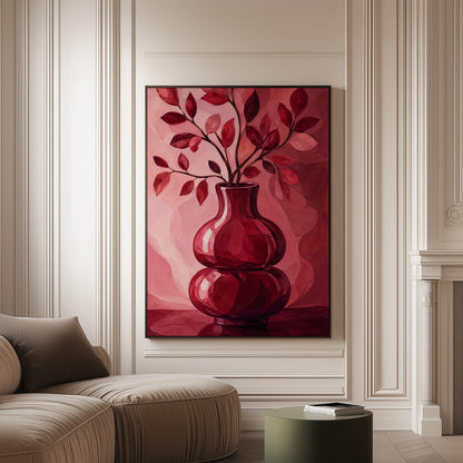 Curvy red vase with leafy branch in burgundy tones, canvas print on a softly lit wall in a calm interior