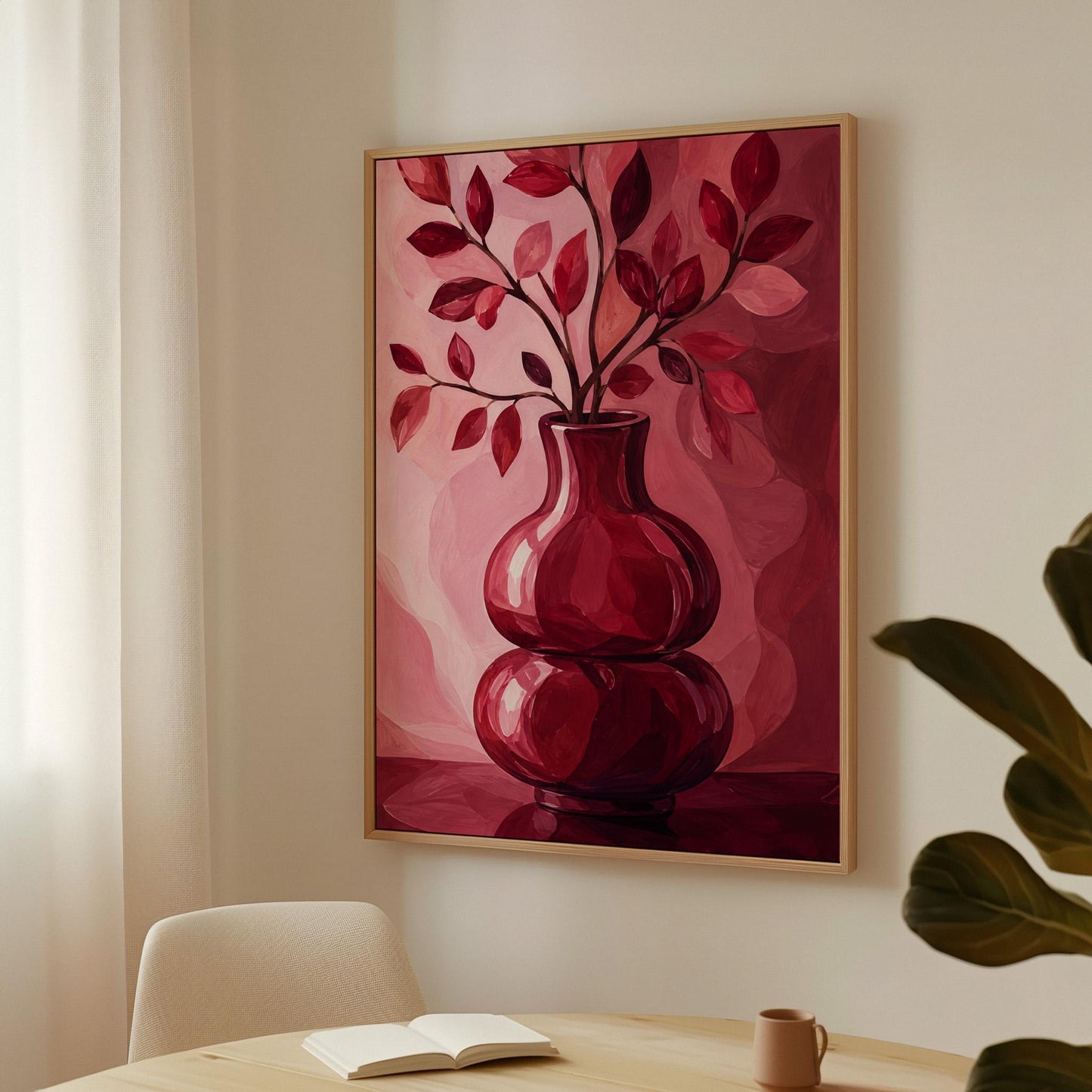Curvy red vase with leafy branch in burgundy tones, canvas print presented in a light, minimal room