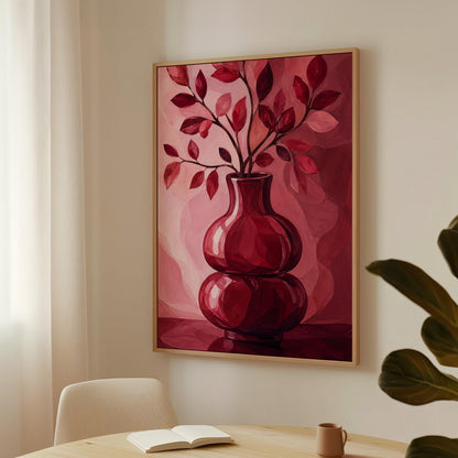 Curvy red vase with leafy branch in burgundy tones, canvas print presented in a light, minimal room
