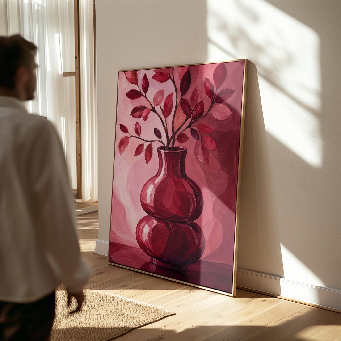 Curvy red vase with leafy branch in burgundy tones, canvas print on a quiet wall in a considered interior